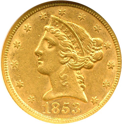 image for: 1853 $5  NGC AU55