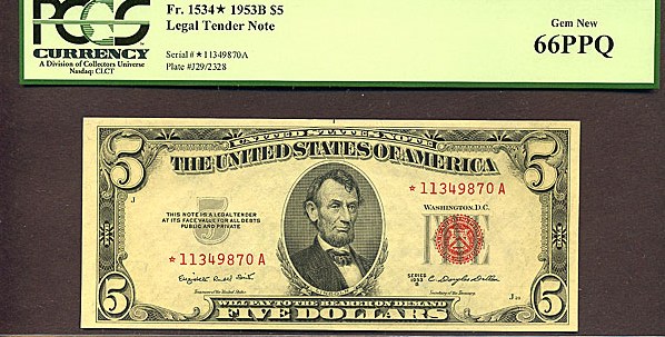 image for: Fr.1534 1953B $5  PCGS Gem CU66 PPQ  [11349870LA] *Star* 