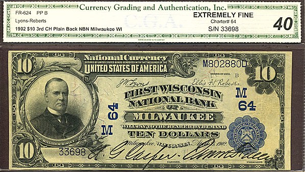image for: Fr.624 1902 $10 Third Charter Period, 3rd Issue, Plain Back CGA XF40 #64 Wisconsin [33698]