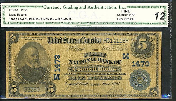 image for: Fr.598 1902 $5 Third Charter Period, 3rd Issue, Plain Back CGA F12 #1479 Iowa [33260]