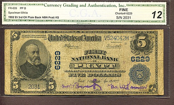 image for: Fr.609 1902 $5 Third Charter Period, 3rd Issue, Plain Back CGA F12 #6229 Kansas [2031]