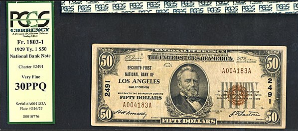image for: Fr.1803-1 1929 $50  PCGS VF30 PPQ  #2491 California [A004183A]