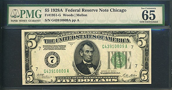 image for: Fr.1951G 1928A $5  PMG Gem CU65 EPQ [G43910809A]