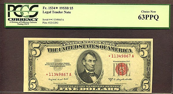 image for: 1953B $5  PCGS Choice CU63 PPQ [11349867A] (Fr.1534 *Star* )