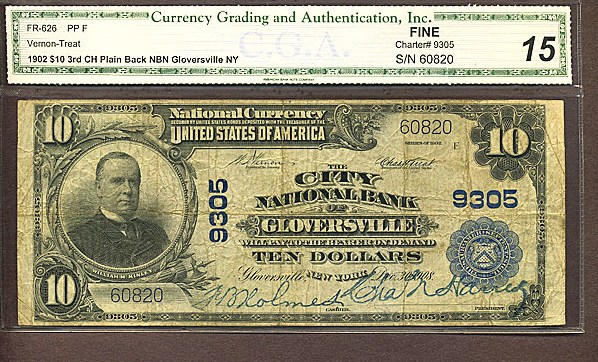 image for: Fr.626 1902 $10 Third Charter Period, 3rd Issue, Plain Back CGA F15 #9305 New York [60820]