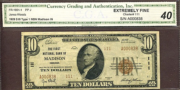 image for: Fr.1801-1 1929 $10 Type 1 CGA XF40 #111 Indiana [A000838]