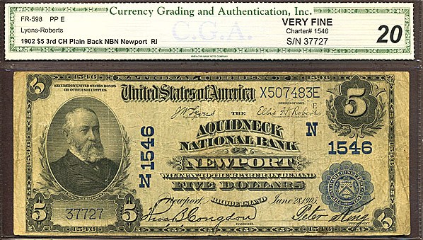 image for: Fr.598 1902 $5 Third Charter Period, 3rd Issue, Plain Back CGA VF20  [37727]