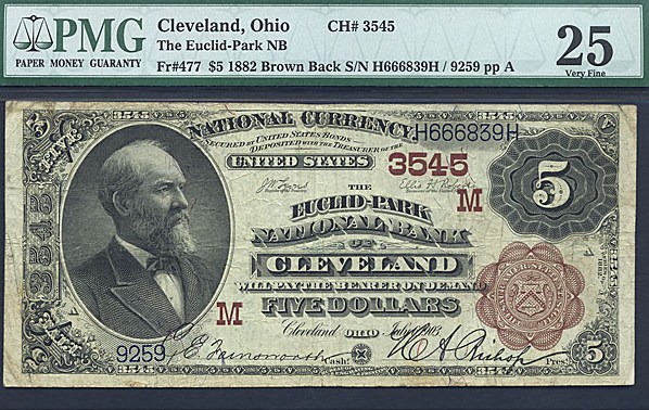 image for: Fr.477 1882 $5 2nd Charter Period, 1st Issue, Brown Back PMG VF25 #3545 Ohio [9259]