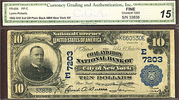 image for: Fr.624 1902 $10 Third Charter Period, 3rd Issue, Plain Back CGA F15 #7203 New York [33838]