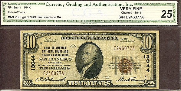 image for: Fr.1801-1 1929 $10 Type 1 CGA VF25 #13044 California [E246077A]