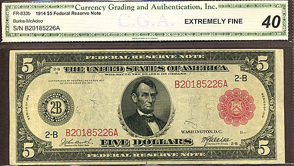 image for: Fr.833b 1914 $5 Red Seal CGA XF40  [B20185226A]