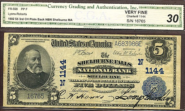 image for: Fr.598 1902 $5 Third Charter Period, 3rd Issue, Plain Back CGA VF30 #1144 Massachusetts [16765]