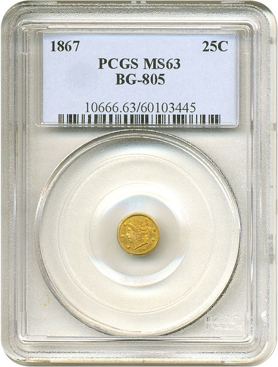 image for: Cal Gold: 1867 25c BG-805 PCGS MS63 