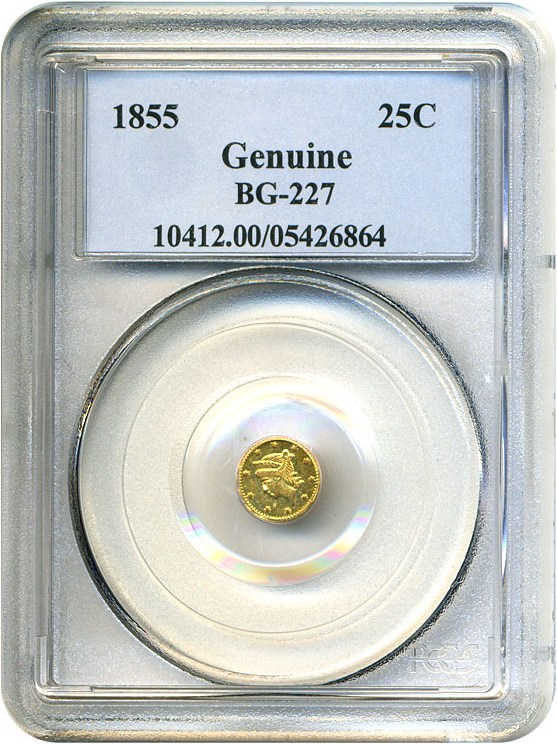 image for: Cal Gold: 1855 25c BG-227 PCGS Genuine
