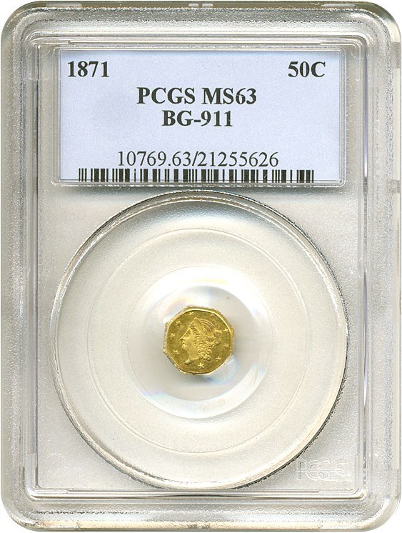 image for: Cal Gold: 1871 50c BG-911 PCGS MS63 
