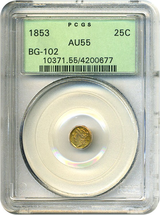 image for: Cal Gold: 1853 25c BG-102 PCGS AU55 