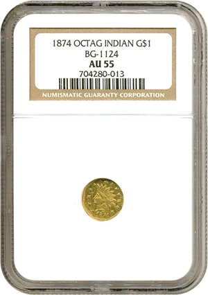 image for: Cal Gold: 1874 $1 BG-1124 NGC AU55