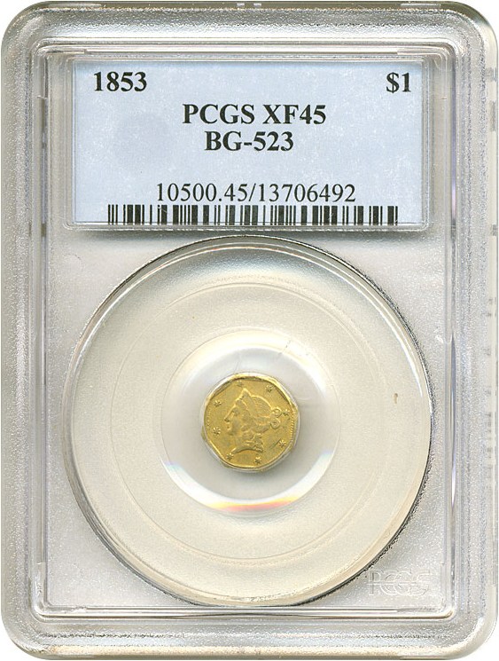 image for: Cal Gold: 1853 $1 BG-523 PCGS XF45
