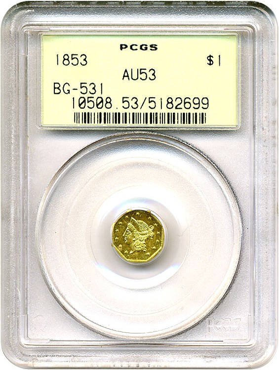image for: Cal Gold: 1853 $1 BG-531 PCGS AU53 