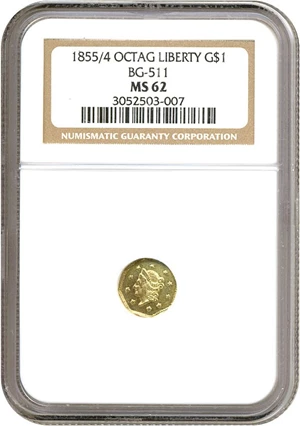 image for: Cal Gold: 1855/4 $1 BG-511 NGC MS62