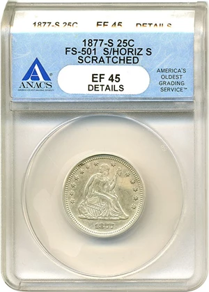 image for: 1877-S/S 25c S/Horiz S ANACS XF45 Details (Scratched)