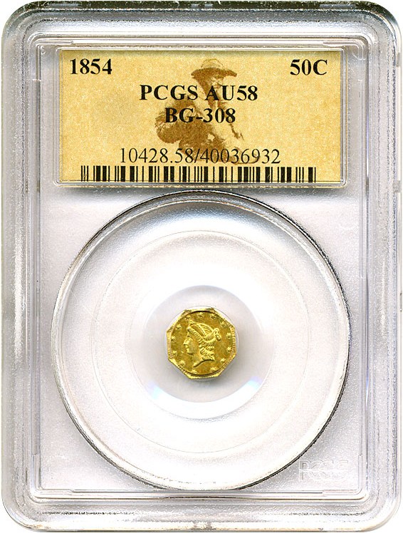 image for: Cal Gold: 1854 50c BG-308 PCGS AU58 