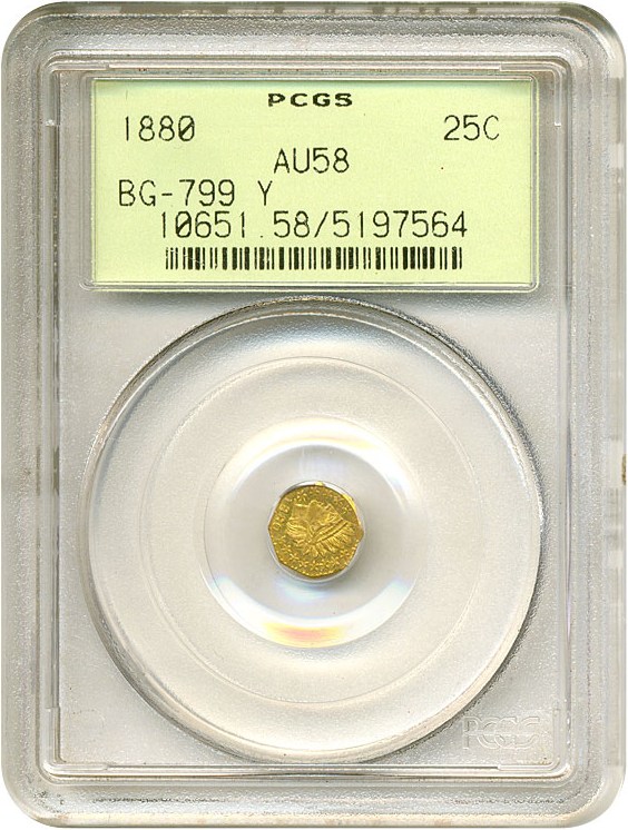 image for: Cal Gold: 1880 25c BG-799 Y PCGS AU58 