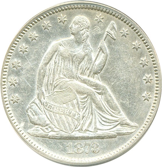 image for: 1873 50c Closed 3 ANACS AU53 Details (Scratched-Cleaned, CL-3, WB-103 MPD)  