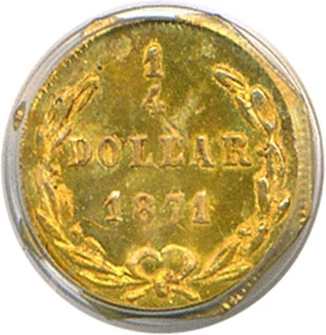 image for: Cal Gold: 1871 25c BG-717 PCGS MS64