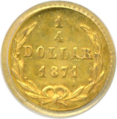 image for: Cal Gold: 1871 25c BG-809 PCGS MS62 