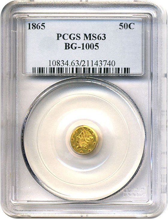 image for: Cal Gold: 1865 50c BG-1005 PCGS MS63 