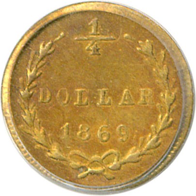 image for: Cal Gold: 1869 25c BG-829 PCGS AU53 