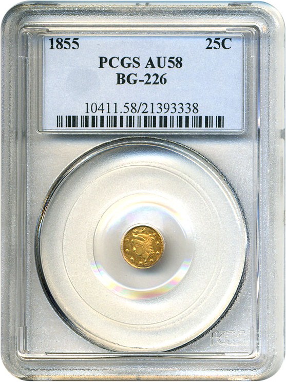 image for: Cal Gold: 1855 25c BG-226 PCGS AU58 