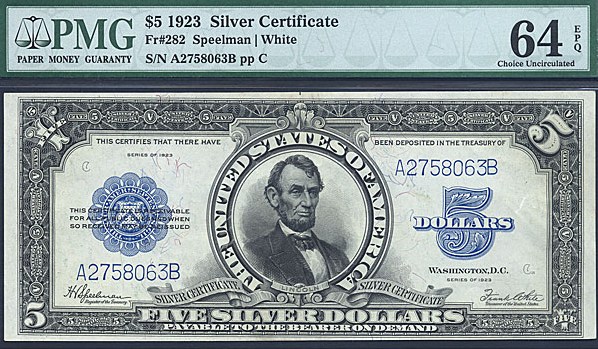 image for: Fr.282 1923 $5 Porthole PMG Choice CU64 EPQ  [A2758063B]