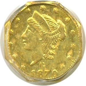 image for: Cal Gold: 1870 25c BG-763 PCGS MS60 OGH