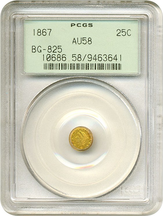 image for: Cal Gold: 1867 25c BG-825 PCGS AU58 