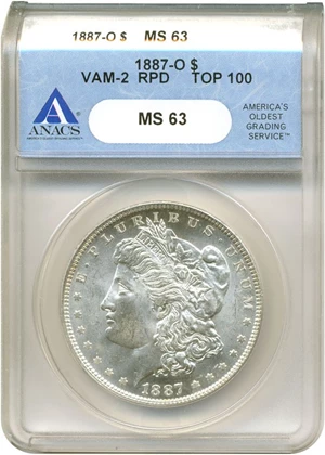 image for: Top 100 VAM: 1887-O $1 VAM 2 Double 1 Triple 7 ANACS MS63
