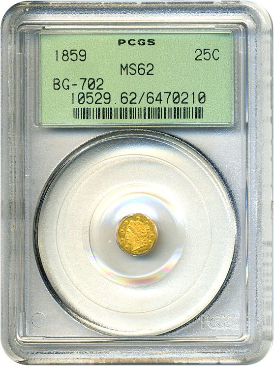 image for: Cal Gold: 1859 25c BG-702 PCGS MS62 
