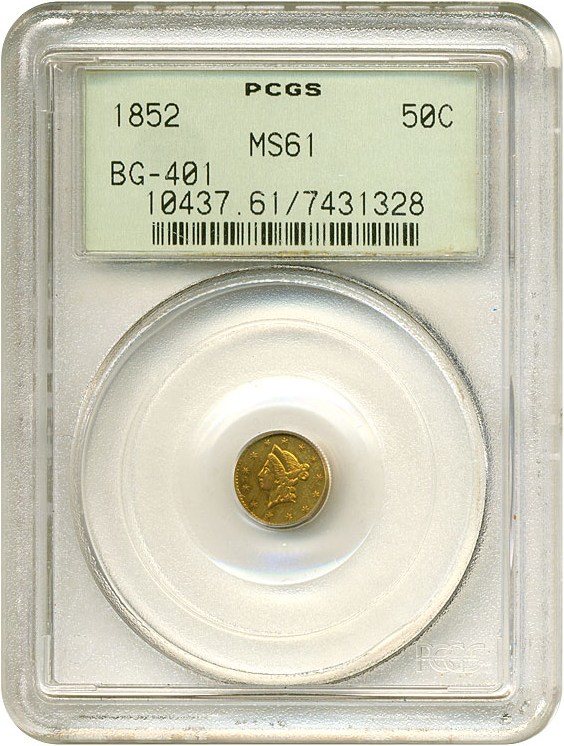 image for: Cal Gold: 1852 50c BG-401 PCGS MS61 