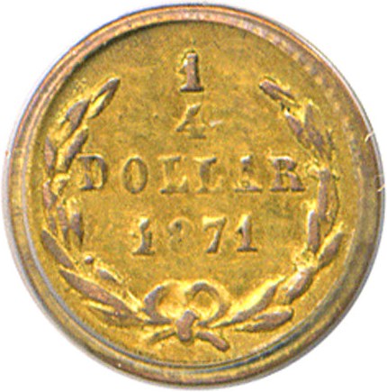 image for: Cal Gold: 1871 25c BG-809 PCGS AU58 