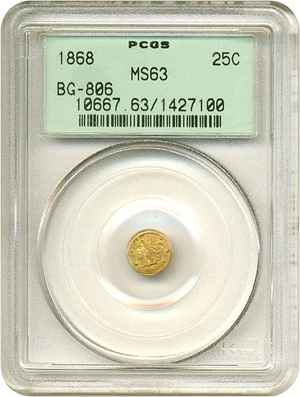 image for: Cal Gold: 1868 25c BG-806 PCGS MS63