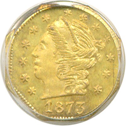image for: Cal Gold: 1873 25c BG-727 PCGS MS64 OGH