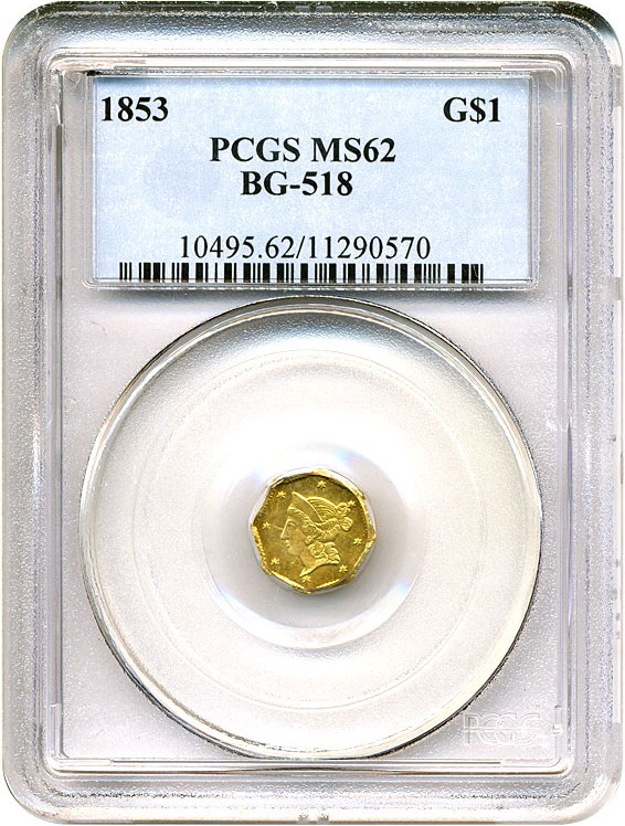 image for: Cal Gold: 1853 $1 BG-518 PCGS MS62 