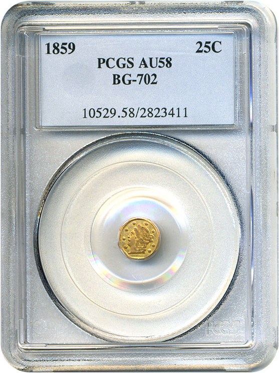 image for: Cal Gold: 1859 25c BG-702 PCGS AU58 
