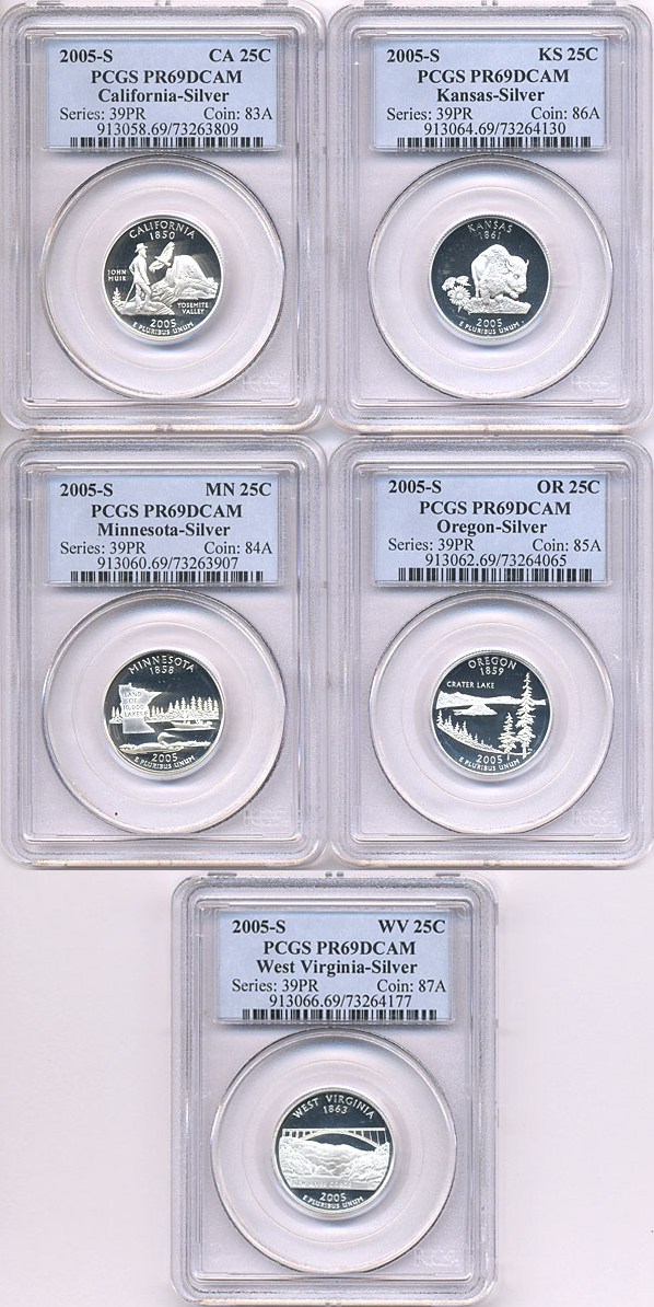 image for: 2005-S 25c State Quarters Proof Set - Silver (5 coins) PCGS Proof 69 DCameo