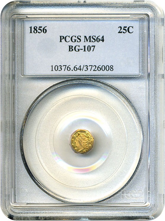 image for: Cal Gold: 1856 25c BG-107 PCGS MS64 