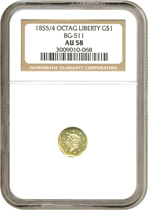 image for: Cal Gold: 1855/4 $1 BG-511 NGC AU58