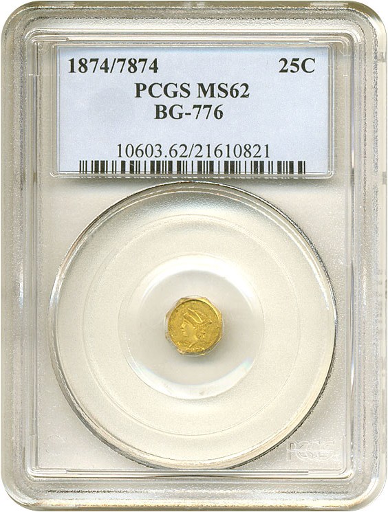 image for: Cal Gold: 1874/7874 25c BG-776 PCGS MS62 