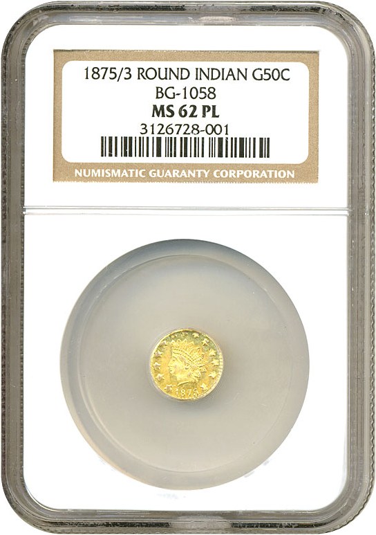 image for: Cal Gold: 1875/3 50c BG-1058 NGC MS62 PL 