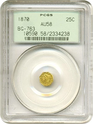 image for: Cal Gold: 1870 25c BG-763 PCGS AU58 OGH